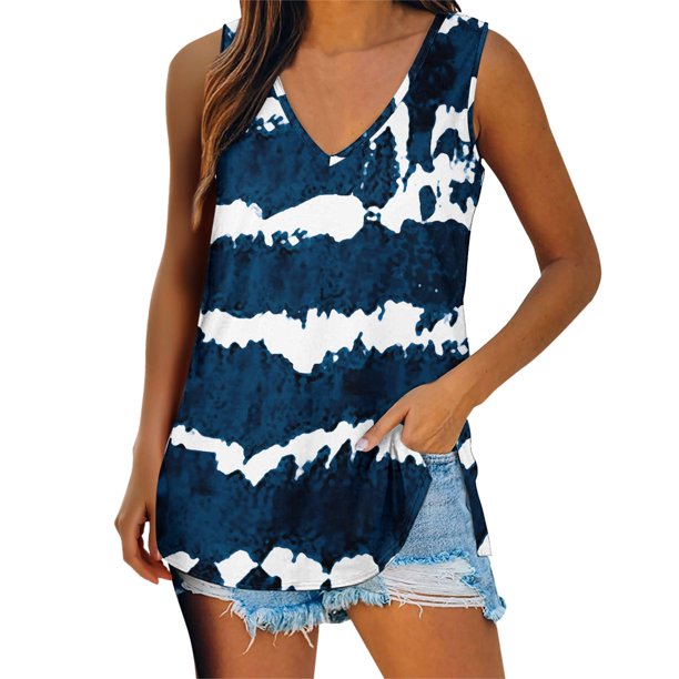 Playeras,Blusas y Tops,Ropa para Mujer Mujeres Tank Top Mujeres Casual Tie Dye Gradient Stripes Impresión Cuello en V Sin mangas Chaleco Camiseta Blusa Tops (Navy, M)