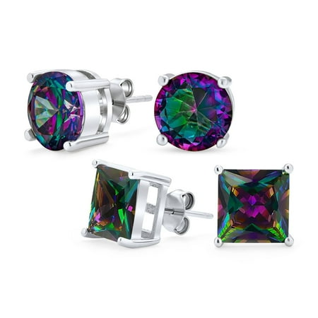 Bling Jewelry Womens Set of 2 Round & Square Mystic Rainbow CZ Stud Earrings Sterling Silver 6MM