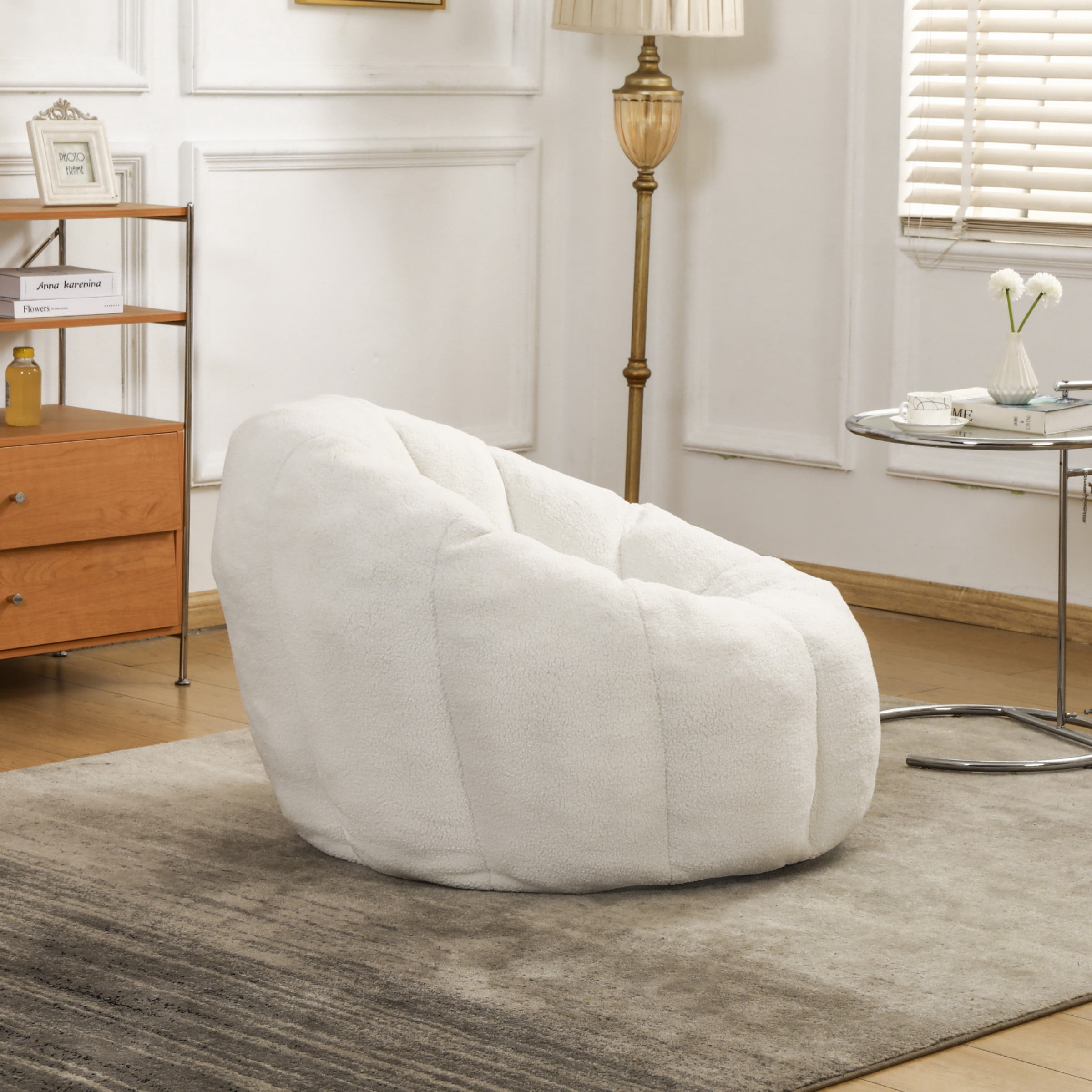 Bean Bag Chair for Adults, Faux Fur Memory Foam Bean Bag Sofa with Armrests, Fluffy Lazy Chair for Living Room Bedroom, White