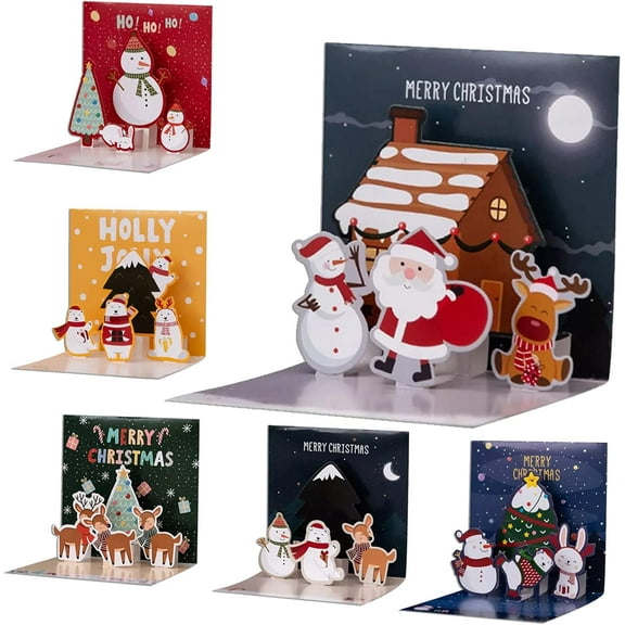 6 Pack Small Pop Up Christmas Gift Card with Envelopes Stickers, 3D Cute Holiday Greeting Cards Santa Snowman Reindeer Xmas Tree Bulk Set Christmas Cards for Kids 4.3x4.3inch