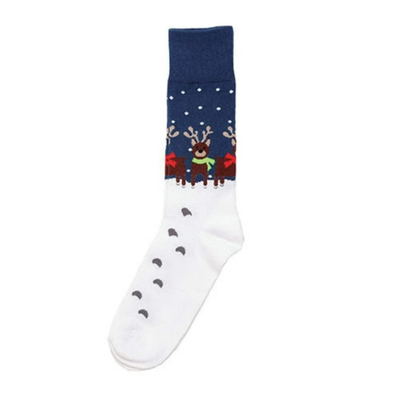 Blue Brown Reindeer in Snow One Size Cotton Blend Novelty Crew Socks