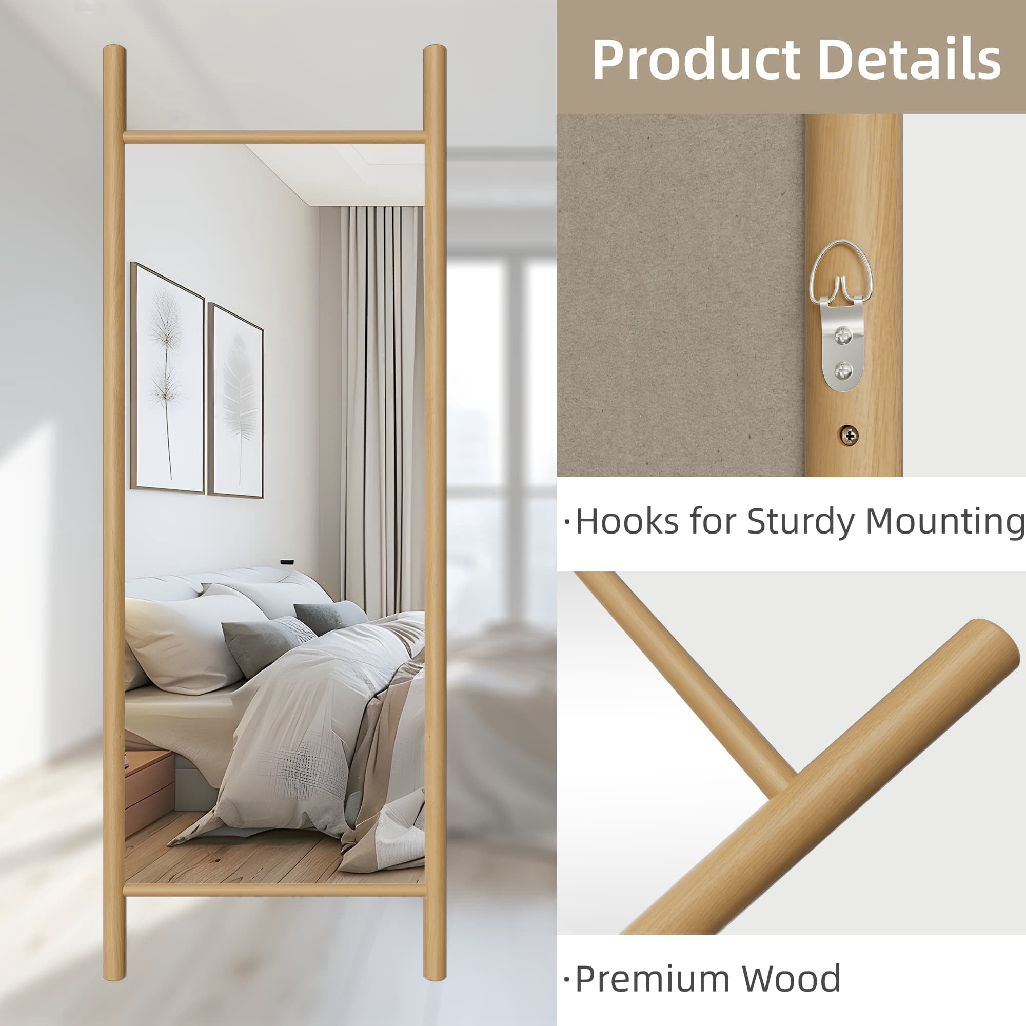 63"x24" Wood Full Length Mirror Ladder Rectangle Floor Mirror, Natural