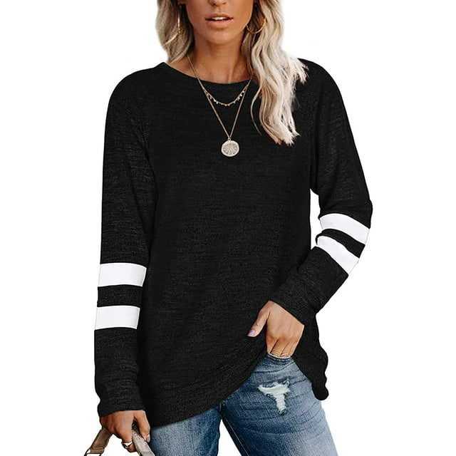 T-Shirts Décontractés à Manches Longues Rayés pour Femmes, Col Rond, Hauts Unis, Blouse Ample de Loisirs