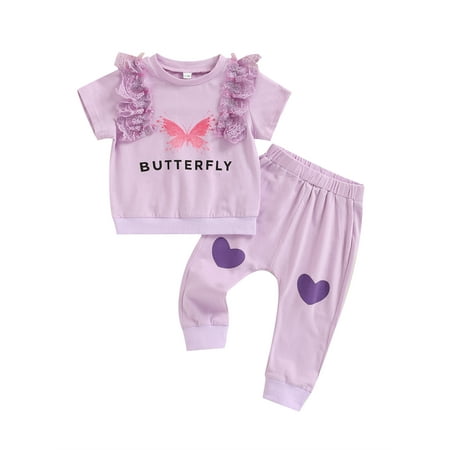 

JINSIJU Toddler Kids Girls Casual Suit Short Sleeve Floral Lace Cartoon Printed Tops+Heart Printed Long Pants