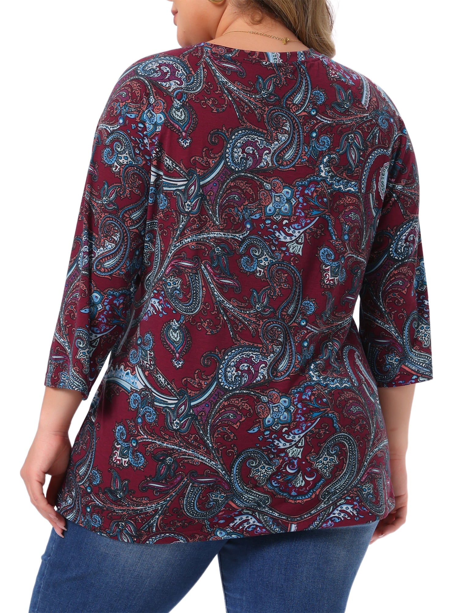 DARING DIVA Women's Plus Tops V Neck 3/4 Sleeve Knit Blouse Stripe Boho Tops 4X Burgundy