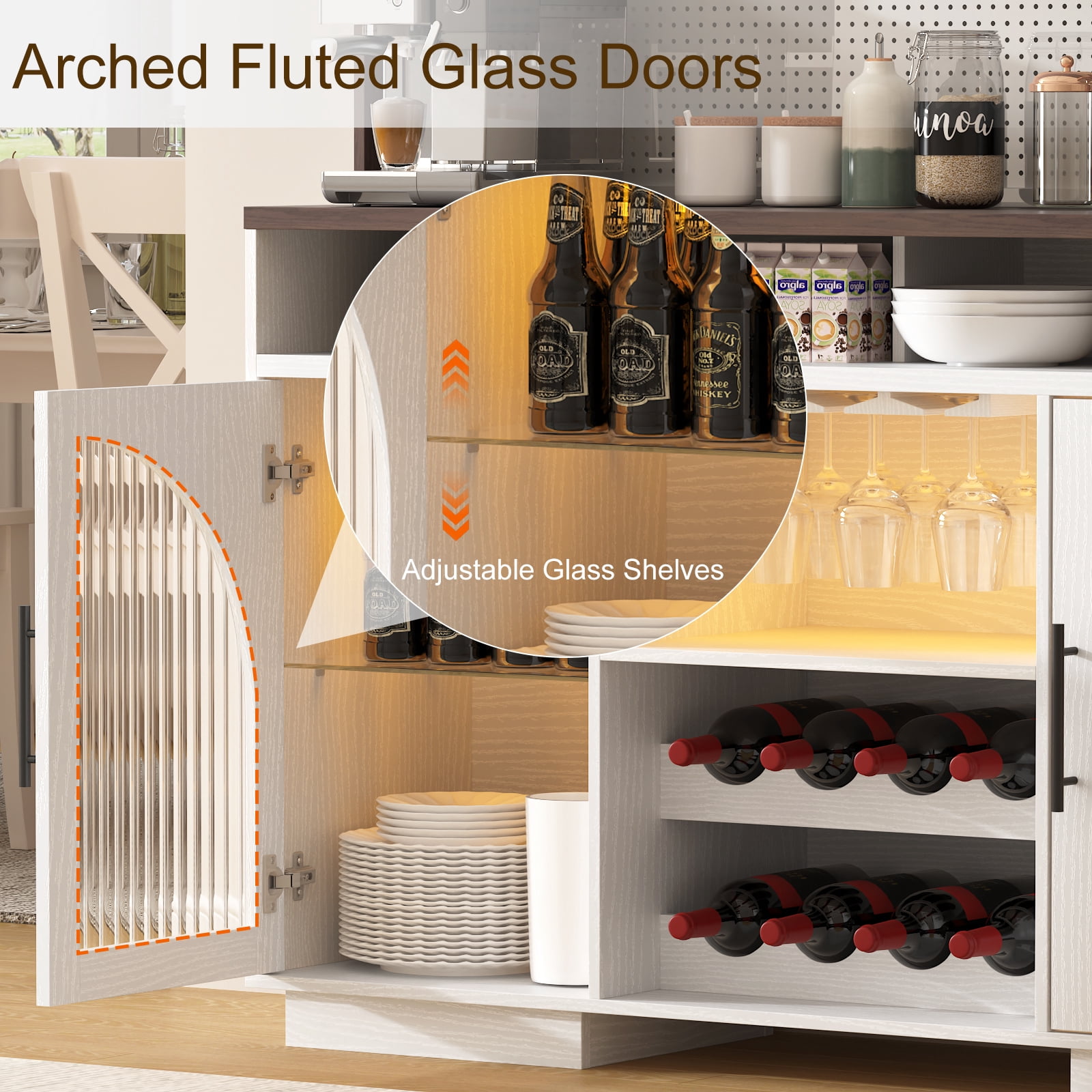 54" Coffee Bar Cabinet with LED Light,Wine Bar Cabinet,Kitchen Hutch Cabinet for Dining Room,White