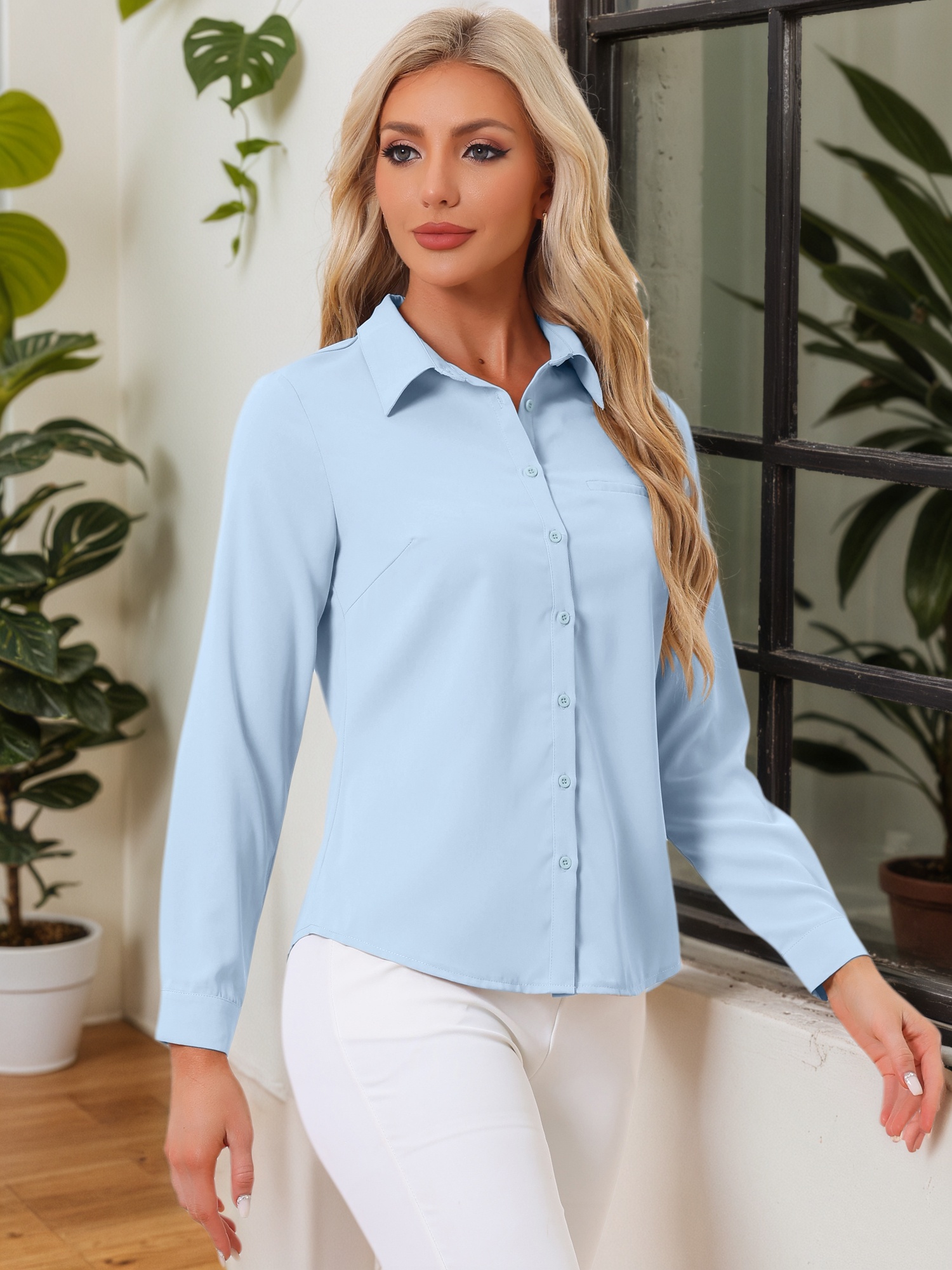 DARING DIVA Women's Color Block Button Down Long Sleeve Work Shirt L Solid Sky Blue
