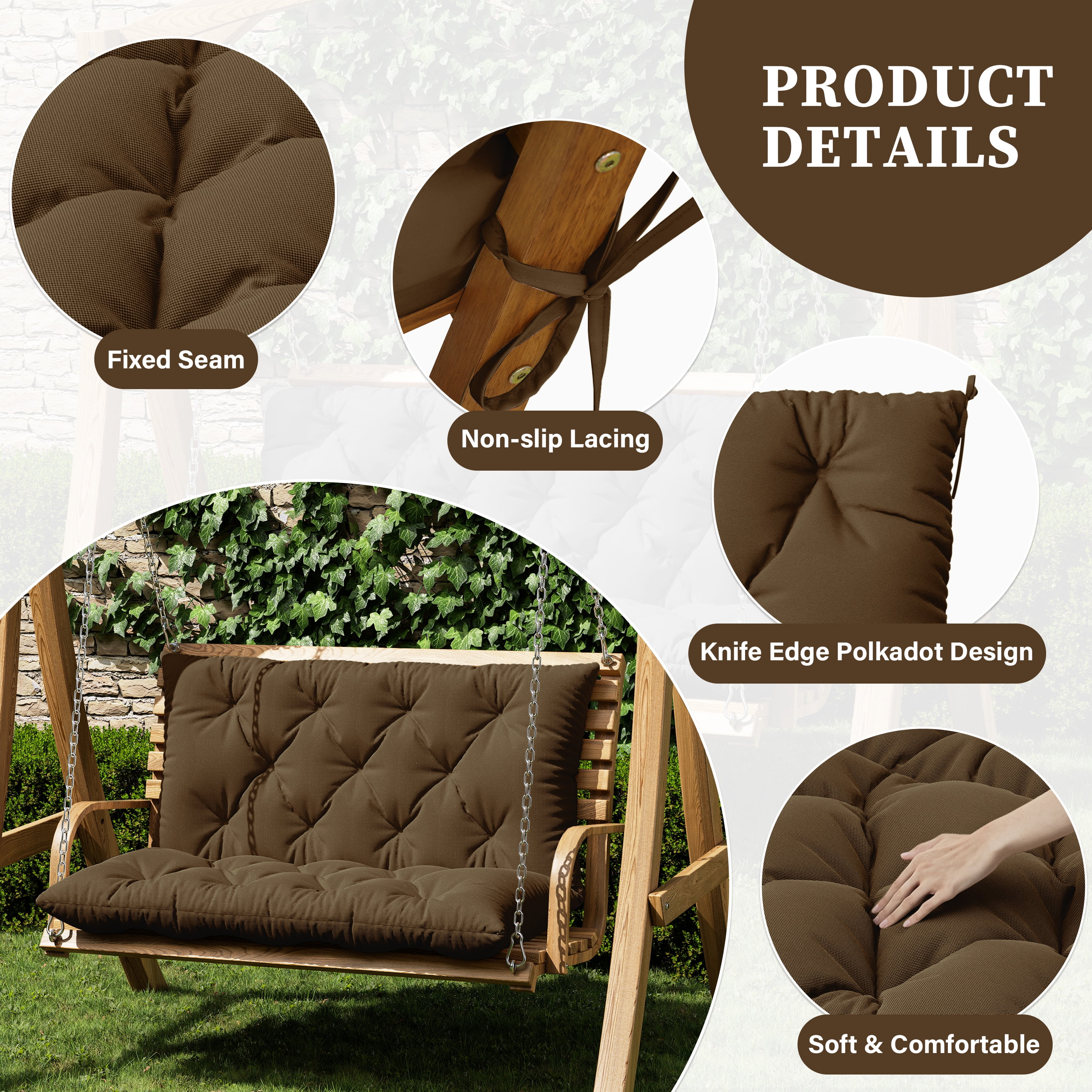 Snubbull Swing Replacement Cushion, Outside Bench Cushion with Backrest, 2 Seater Cushion with 6 Ties for Outdoor Furniture, 40 x 40 x 5 inches Porch SwingCushion Garden Bench, Chocolate