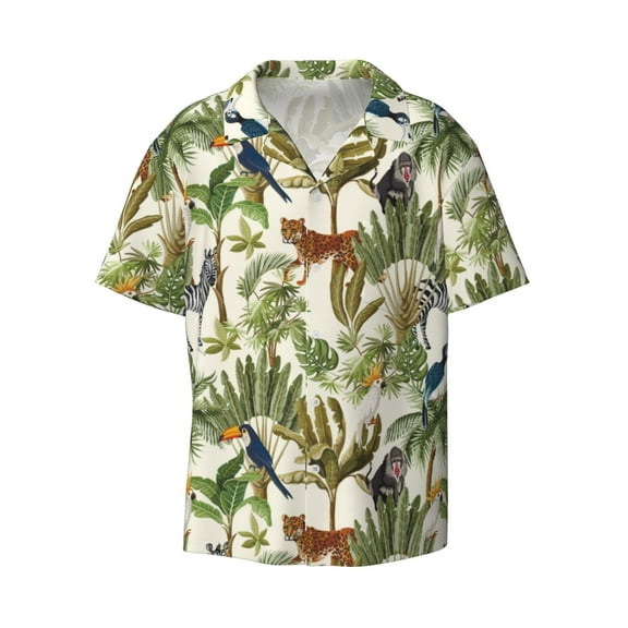 Ratiio Jungle Animals Print Mens Casual Short Sleeve Shirts Button Down Textured Shirts Summer Beach Shirt with Pocket Men's Casual Short-sleeved Shirt