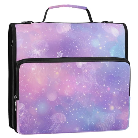 3 Ring Zipper Binder Stationery Organizer for Study Work Home Travel All-Purpose File Folder Storage Bag for Daily Document Organization Sparkly Jellyfish Illustration