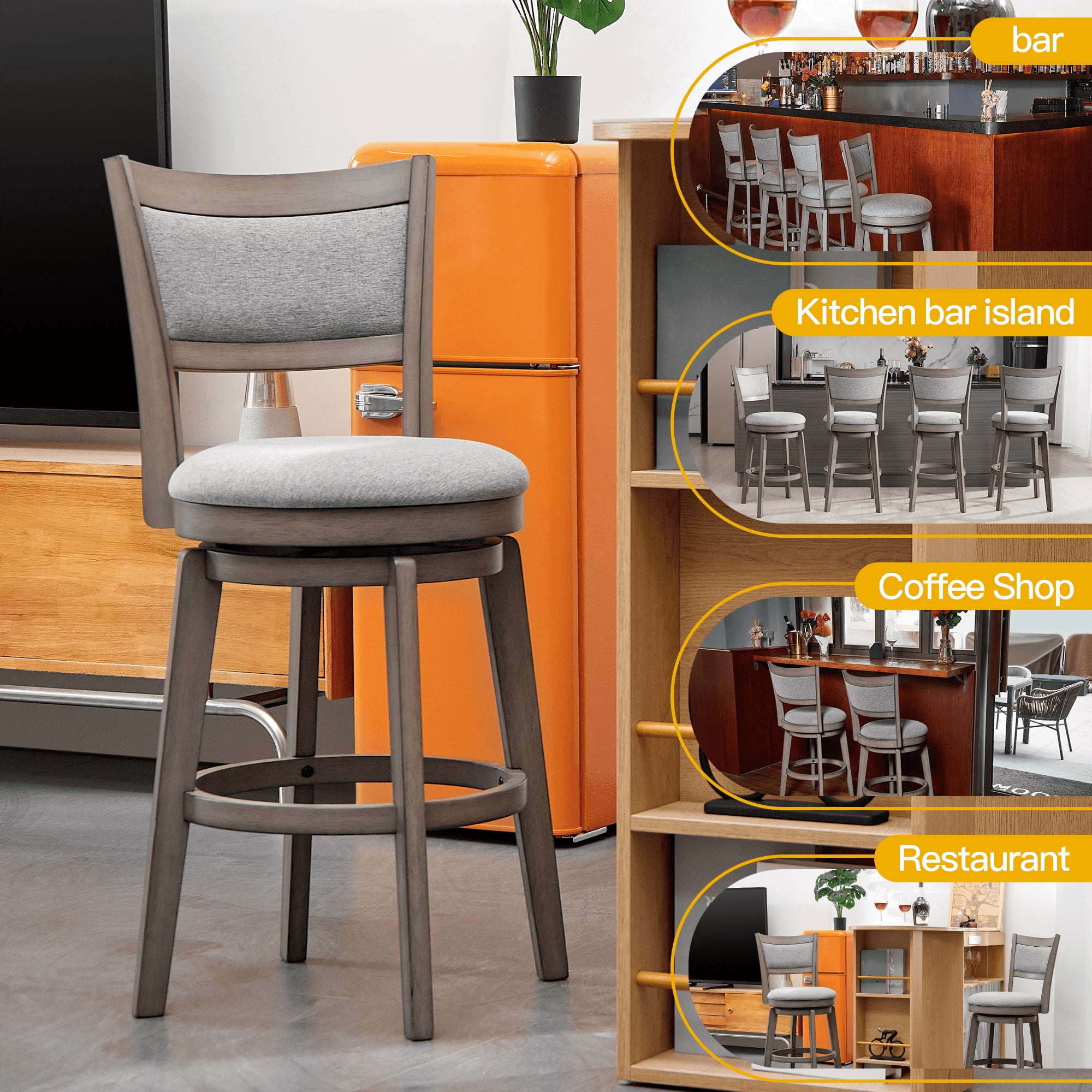 26" Counter Height Swivel Bar Stools Set of 2 Barstools with High Back Pub Seat Stools Set for Kitchen Island, 2 Pack
