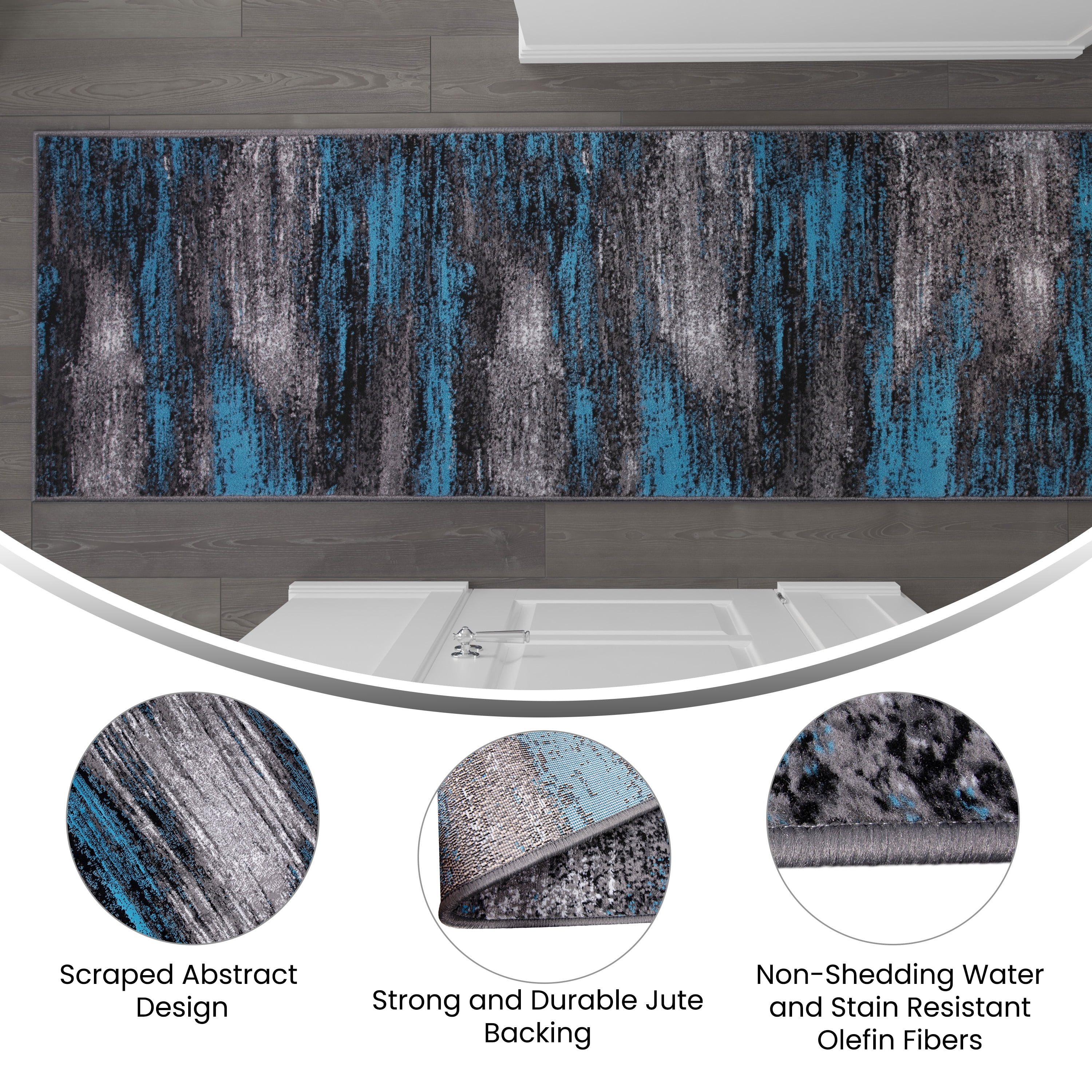 BizChair 2' x 10' Blue Abstract Area Rug - Olefin Rug with Jute Backing for Hallway, Entryway, Bedroom, Living Room