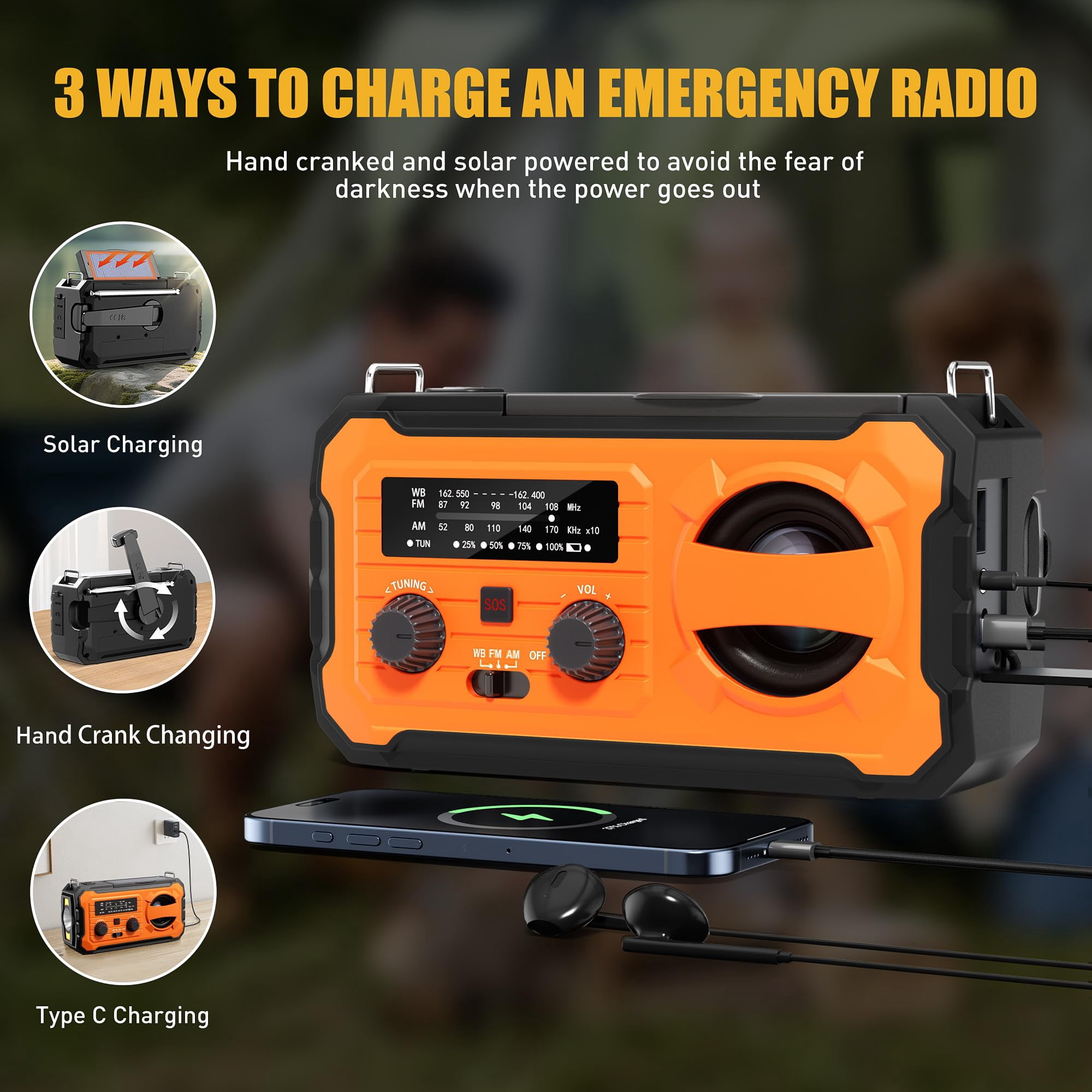 Hand Crank Emergency Radio  10000mah Weather With Am/fm/noaa Solar Prower Sos Alarm Phone Charging Led Flashlight Portable Gear For Outdoor & Home Emergencies Kits Orange