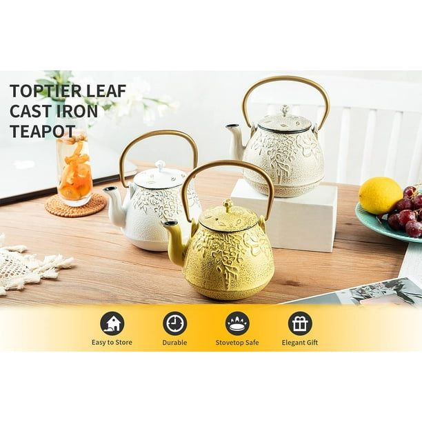 TOPTIER Japanese Teapot with Stainless Steel Infuser, Cast  Iron Tea Kettle Stovetop Safe, Leaf Design Coated with Enameled Interior  for 32 Ounce (950 ml), Light Green: Teapots