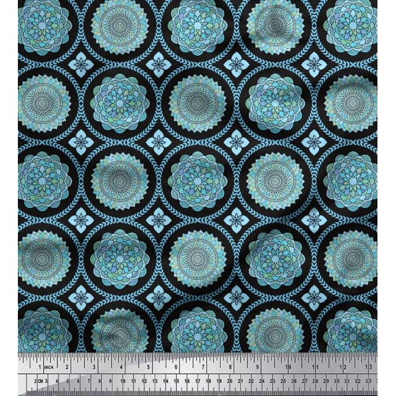 Soimoi Black Cotton Duck Fabric Blue Mandala Print Fabric by the Yard 42 Inch Wide