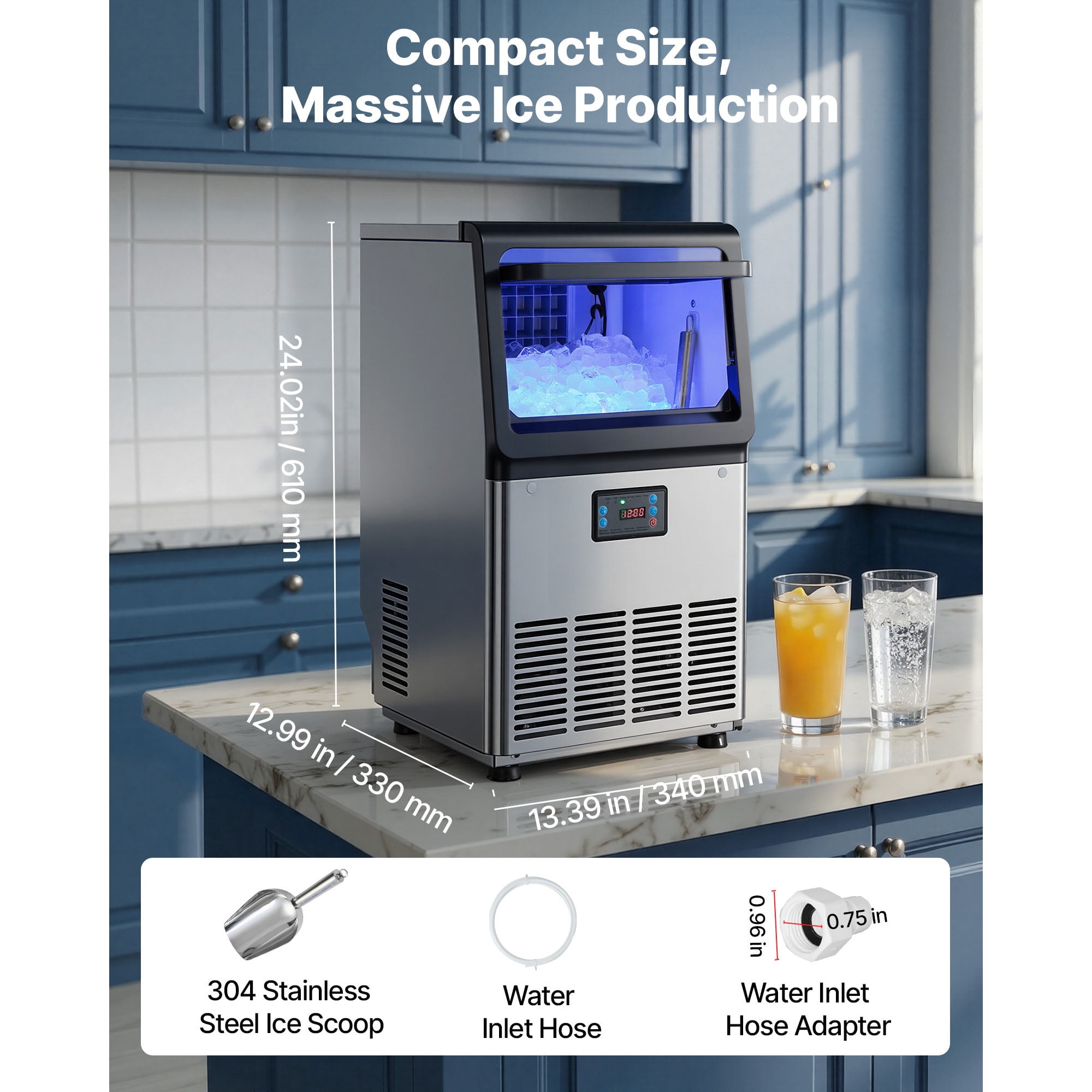 KFFKFF Commercial Ice Maker Machine, 80 lbs/24h Output with 13 lbs Storage, Countertop/Freestanding/Under Counter Design, Stainless Steel Ice Maker with LED Display & Self-Cleaning Function