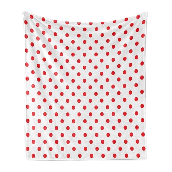 Geometric Soft Flannel Fleece Blanket, Classical Pattern with Country Picnic Theme Retro Style Polka Dot Shapes, Cozy Plush for Indoor and Outdoor Use, 50" x 60", White and Vermilion, by Ambesonne