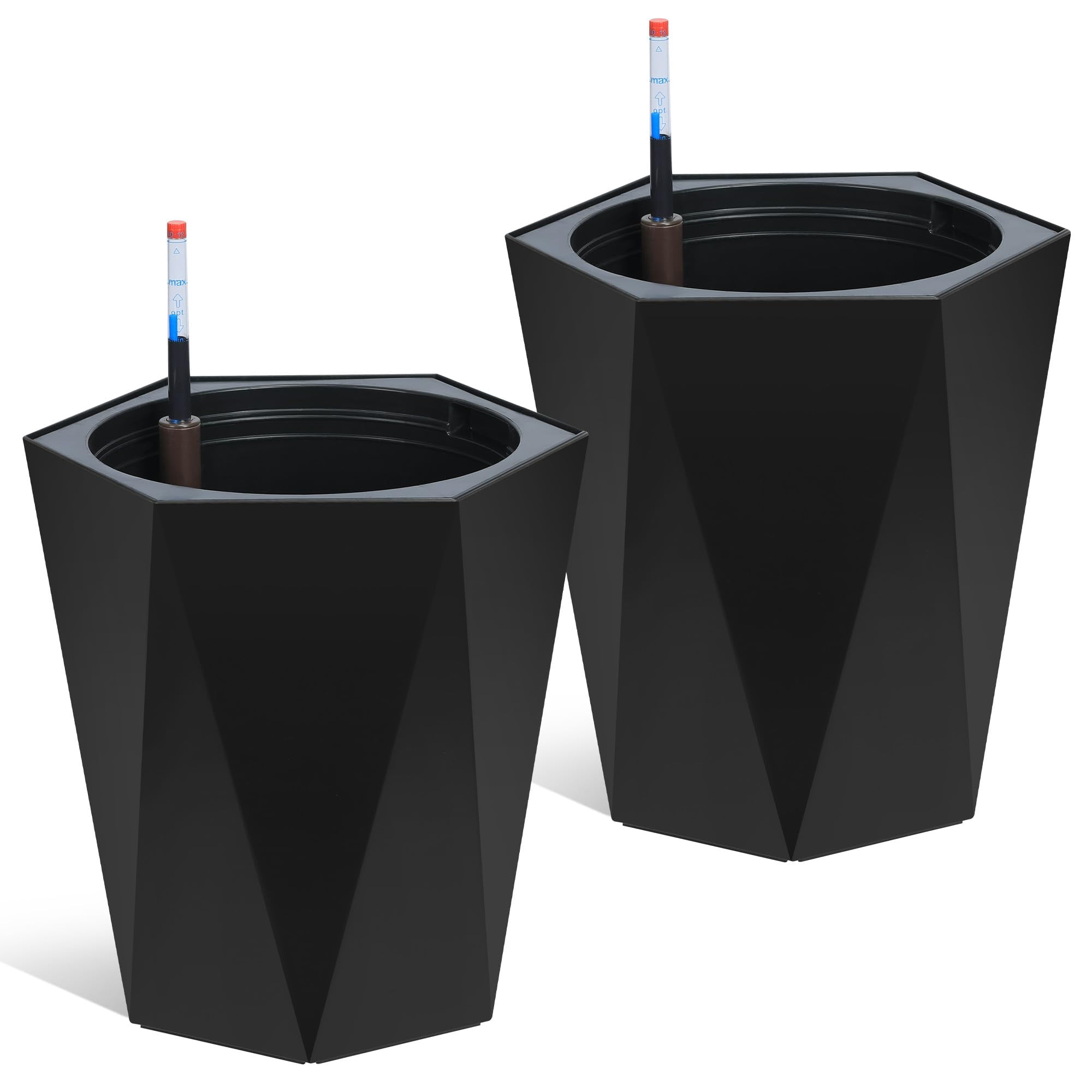Garvee 2025 New 16" Tall Planters Set of 2, Outdoor＆Indoor Planter Pots, High Front Porch Planter Pots with Drainage Holes＆Water Level Monitor＆Inner Bucket, Automatic Watering, Black