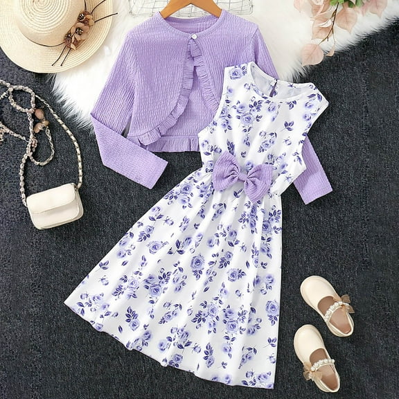 SONGGE Girls Outfit Sets Floral Print Bow Dress With Ruffled Sleeve Short Jacket 2 Piece Toddler Kids Spring Autumn Casual Outfit Sets Back To School Cute Clothing Sets
