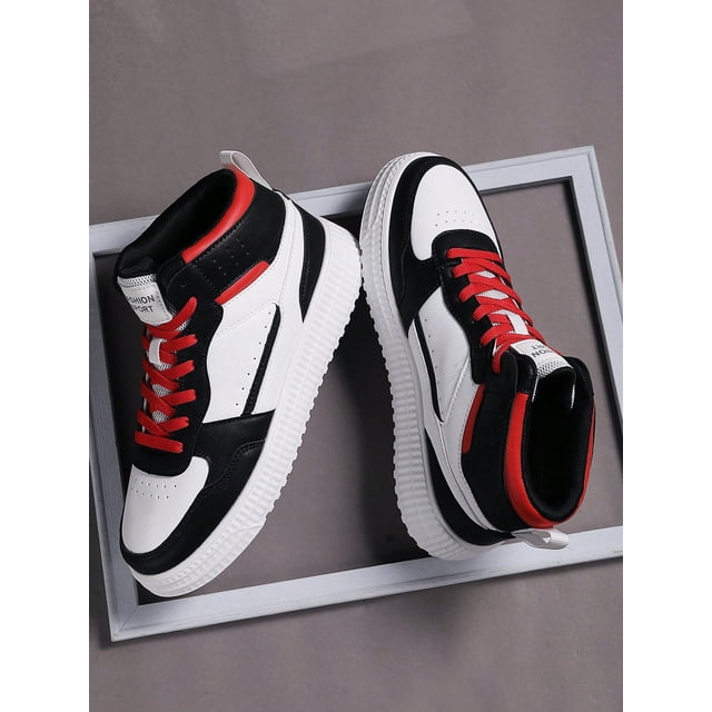 Plus Size Men's Colorblock Casual Sneakers, Lace Up Soft Sole Flat Comfortable Skate Shoes For Men, Lightweight High-Top Daily Shoes