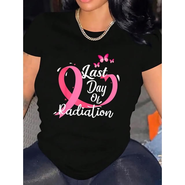 T-Shirt Graphique Ruban Rose & Papillon de Sensibilisation au Cancer du Sein pour Femmes - Décontracté, Tissu Tricoté Toutes Saisons, Col Rond, Élastique, Confortable, Manches Courtes, Fête des Pères, Fête des Mères, Nouvel An