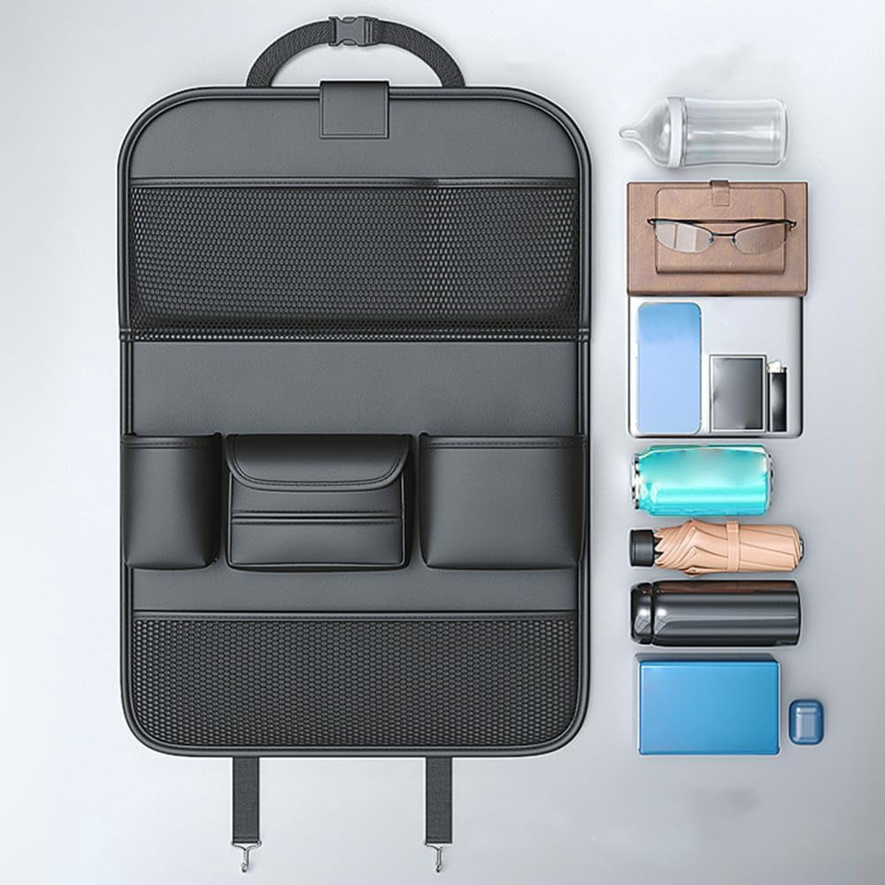 2 Pack Leather Car Backseat Organizer with Foldable Table Tray, Car Storage Organizer with Tablet Holder, Car Seat Back Protectors Kick Mats Travel Accessories