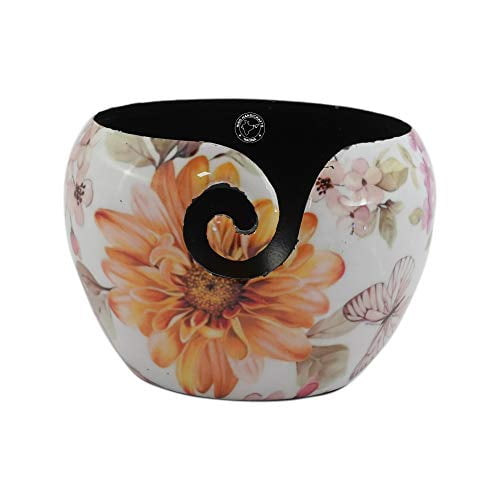 Hind Handicrafts Premium Solid Handmade Crafted Metallic Finish - Aluminum Portable Yarn Storage Bowl - Holder for Knitting Crochet Hook Accessories (6" x 6" x 4", Floral 3)