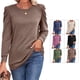 thumbnail image 4 of Top de manga larga con hombros plisados, cuello redondo, color puro, corte holgado, jersey informal para mujer, Top para otoño invierno, marrón L, 4 of 6