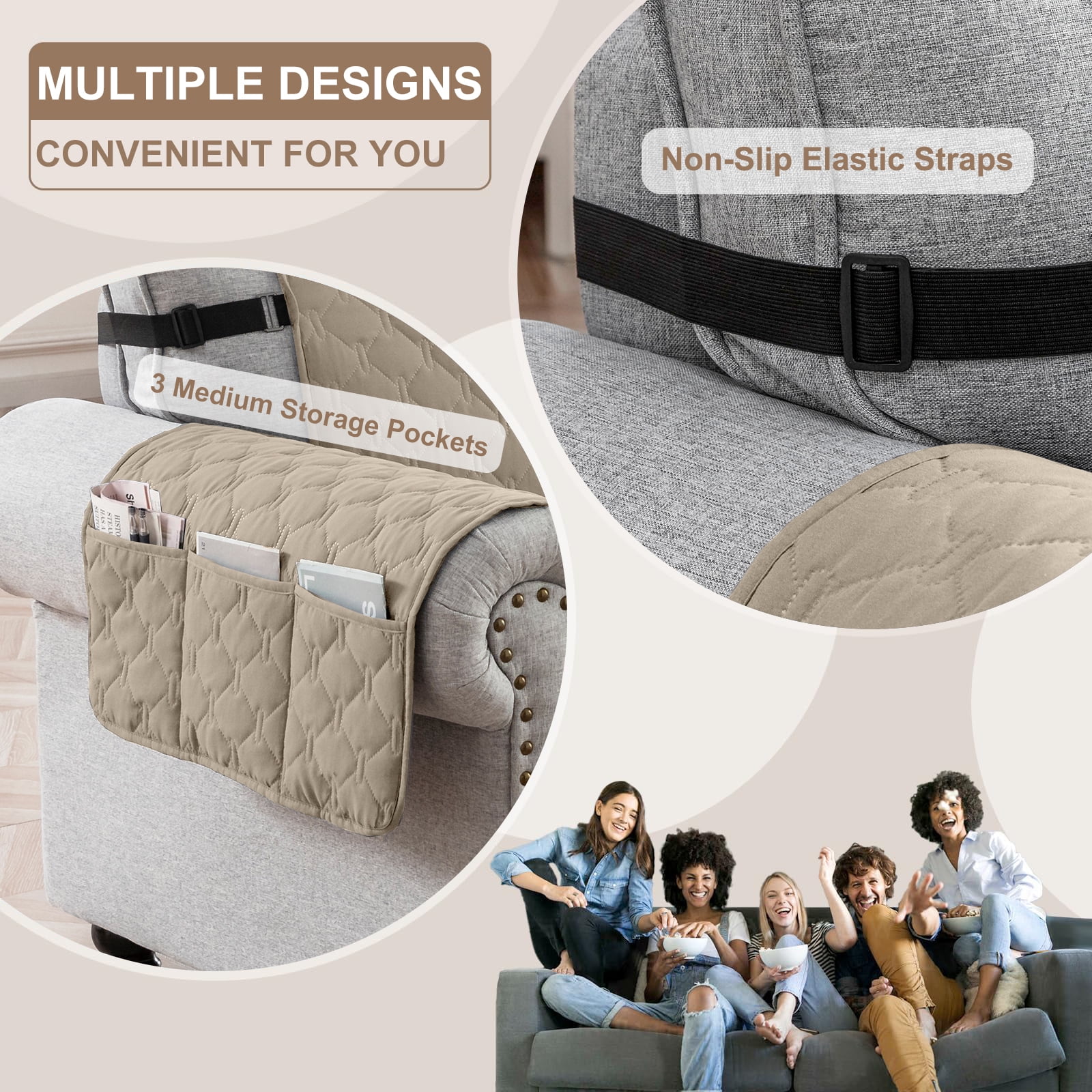 Sanmadrola Sofa Cover 100% Waterproof Couch Slipcovers Washable Non-Slip Furniture Protector with Pockets/Elastic Straps/Silicone Backing for Kids Pets Dogs, Khaki, Sofa