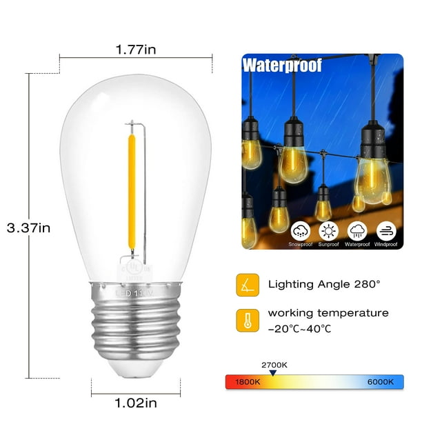 DAYBETTER 30 Pack S14 Edison LED Bulbs for Outdoor String Lights, 1W S14 Replacement Bulbs, Waterproof Edison LED Light Bulbs,Non-Dimmable, E26 Medium DAYBETTER 30 Pack S14 Edison LED Bulbs for Outdoor String Lights, 1W S14 Replacement Bulbs, Waterproof Edison LED Light Bulbs,Non-Dimmable, E26 Medium