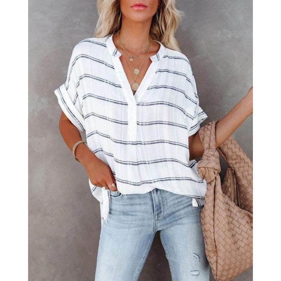 Babydream Short sleeved thin V-neck shirt loose fitting shirt for thin V-neck pullover loose women。Short sleeved striped pullover V-neck fitting for women 3XL