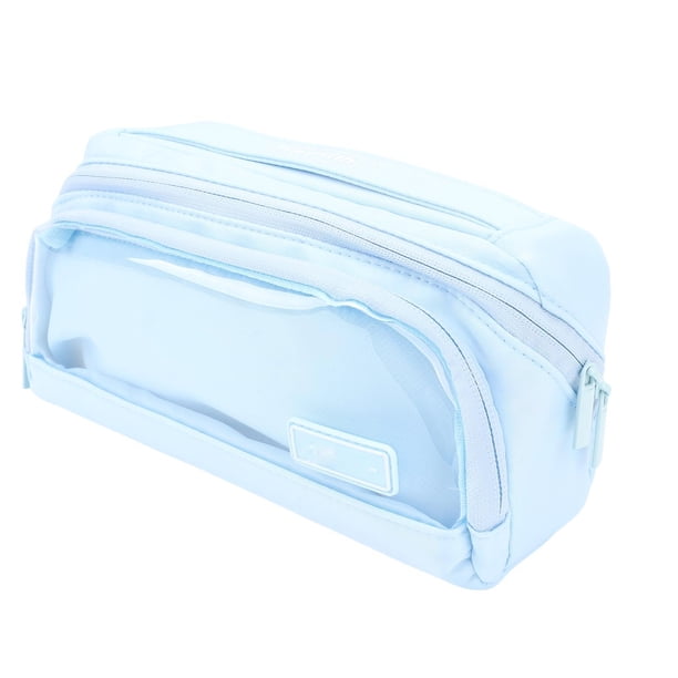 Estuche Para Lápices, Estuche Para Lápices De Gran Capacidad, Compartimento Transparente, Lona Azul Para Oficina