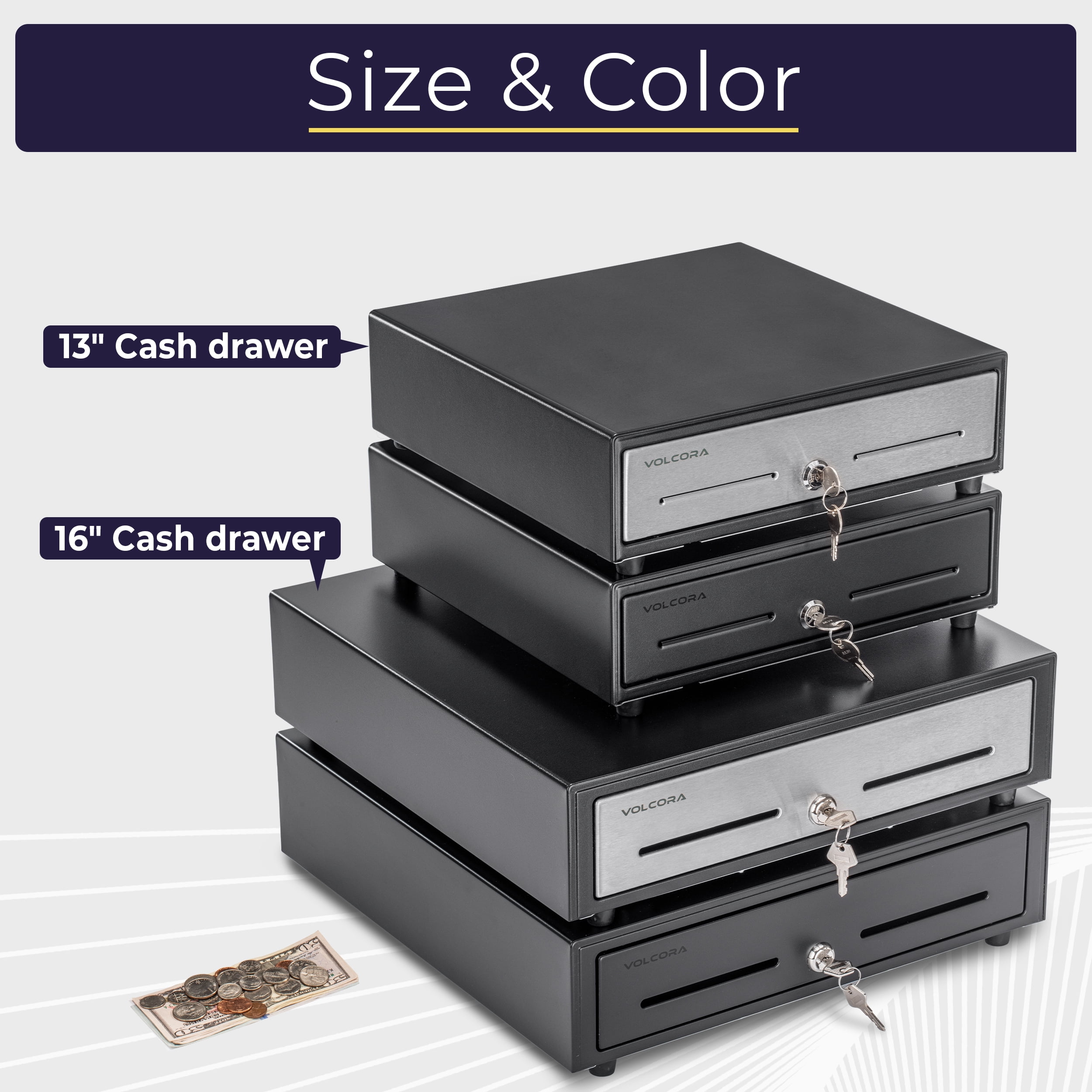 Volcora 13 Manual Push Open Cash Register Drawer for POS System, Touch Panel Stainless Steel Front, Black Heavy Duty Till 4 Bills 5 Coin, Key Lock, Fully Removable Money Tray Double Media Slots