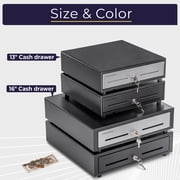 Volcora 13 Manual Push Open Cash Register Drawer for POS System, Touch Panel Stainless Steel Front, Black Heavy Duty Till 4 Bills 5 Coin, Key Lock, Fully Removable Money Tray Double Media Slots