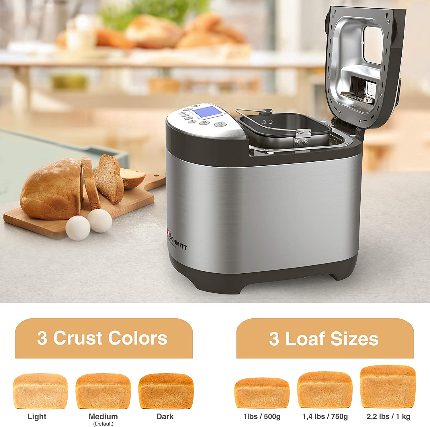 Pohl Schmitt Stainless Steel Bread Machine Bread Maker, 2LB 17-in-1, 14 Settings Incl Gluten Free & Fruit, Nut Dispenser, Nonstick Pan, 3 Loaf Sizes 3 Crust Colors, Keep Warm, and Recipes - image 3 of 7