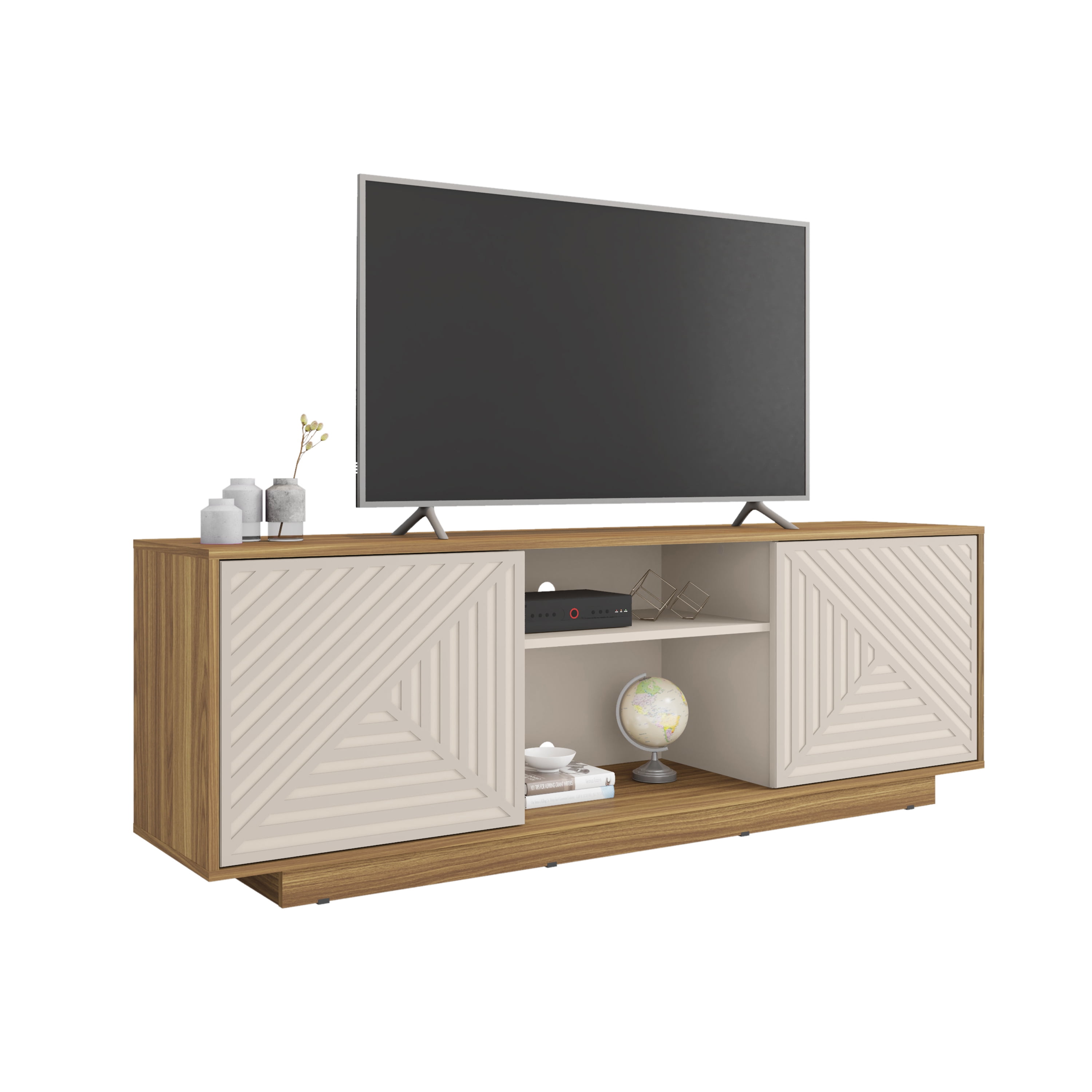 Techni Mobili Modern TV Stand for TV’s up to 70” with 2 Storage Cabinets with Patterned Doors, Oak RTA-940TV-OAK