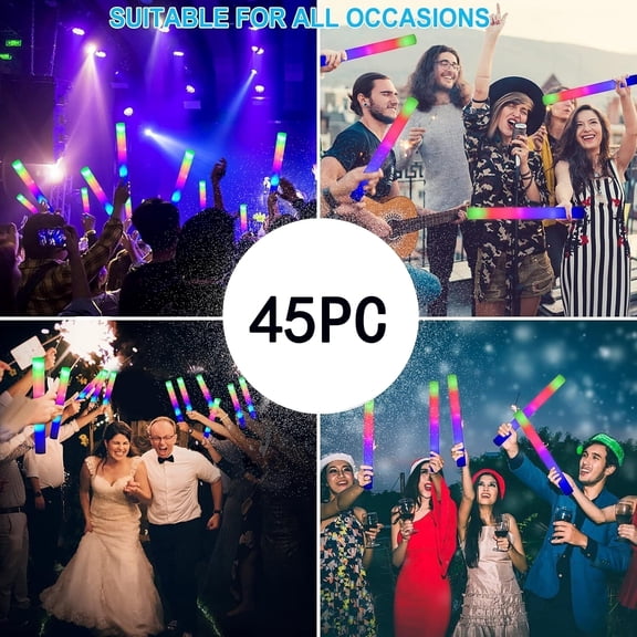 45PCS Foam Glow Sticks, LED Light Up Foam Sticks with 3 Modes Flashing Changing, Glowing in The Dark for Event Party Wedding Halloween Christmas Concert Supplies