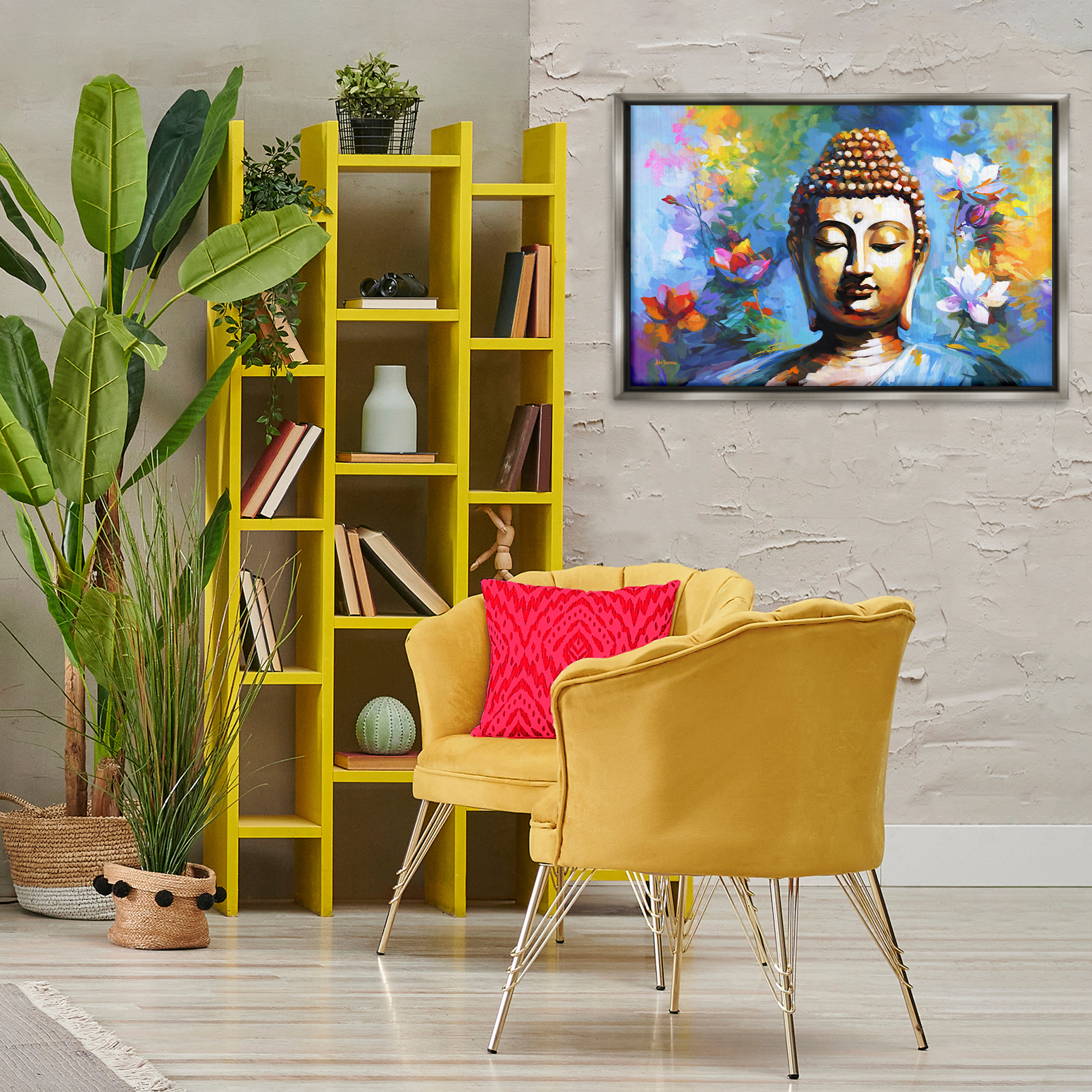 Stupell Industries Buddha with Bright Lotus People Painting Gray Floater Framed Canvas Art Print Wall Art, 31 x 21