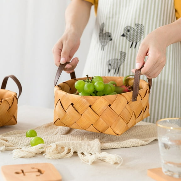 Clearance!!Storage Basket with Handle- Hand Woven Wood Chip Picnic Basket, Fruit Basket, Bread Basket Desktop Storage Box