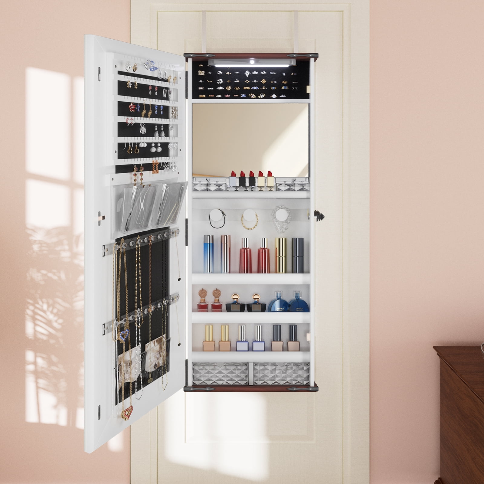 MAYEERTY 42.52"x16.14" 2-in-1 Jewelry Cabinet with Full-Length Mirror, Door-Hanging Makeup Organizer with Built-in Light for Bedroom
