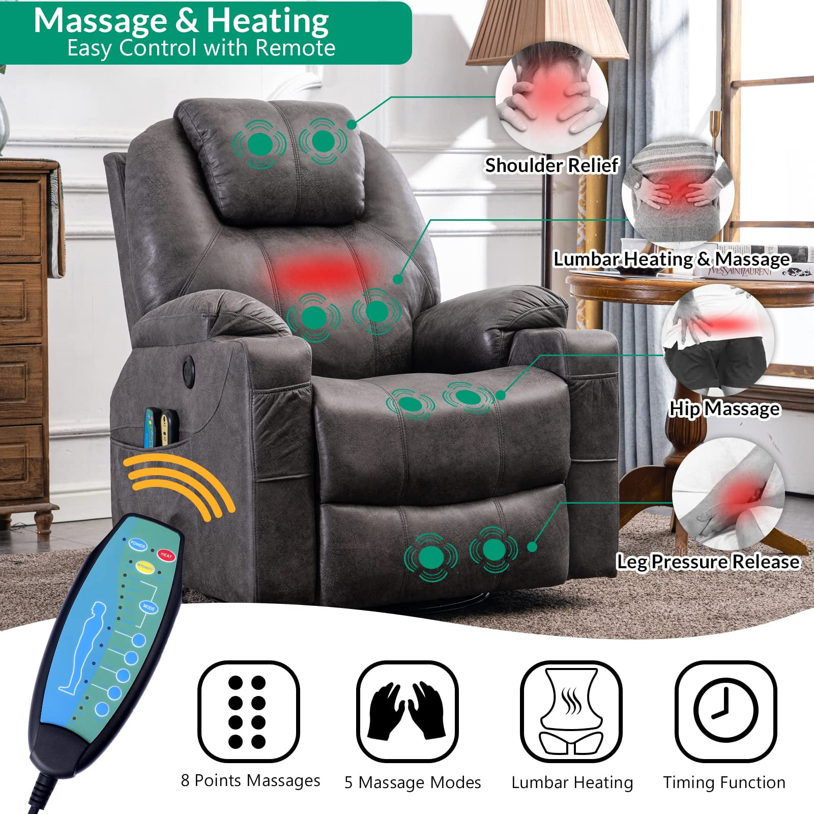 VIVIJASON Manual Massage 360° Swivel and Heating Recliner, Gray