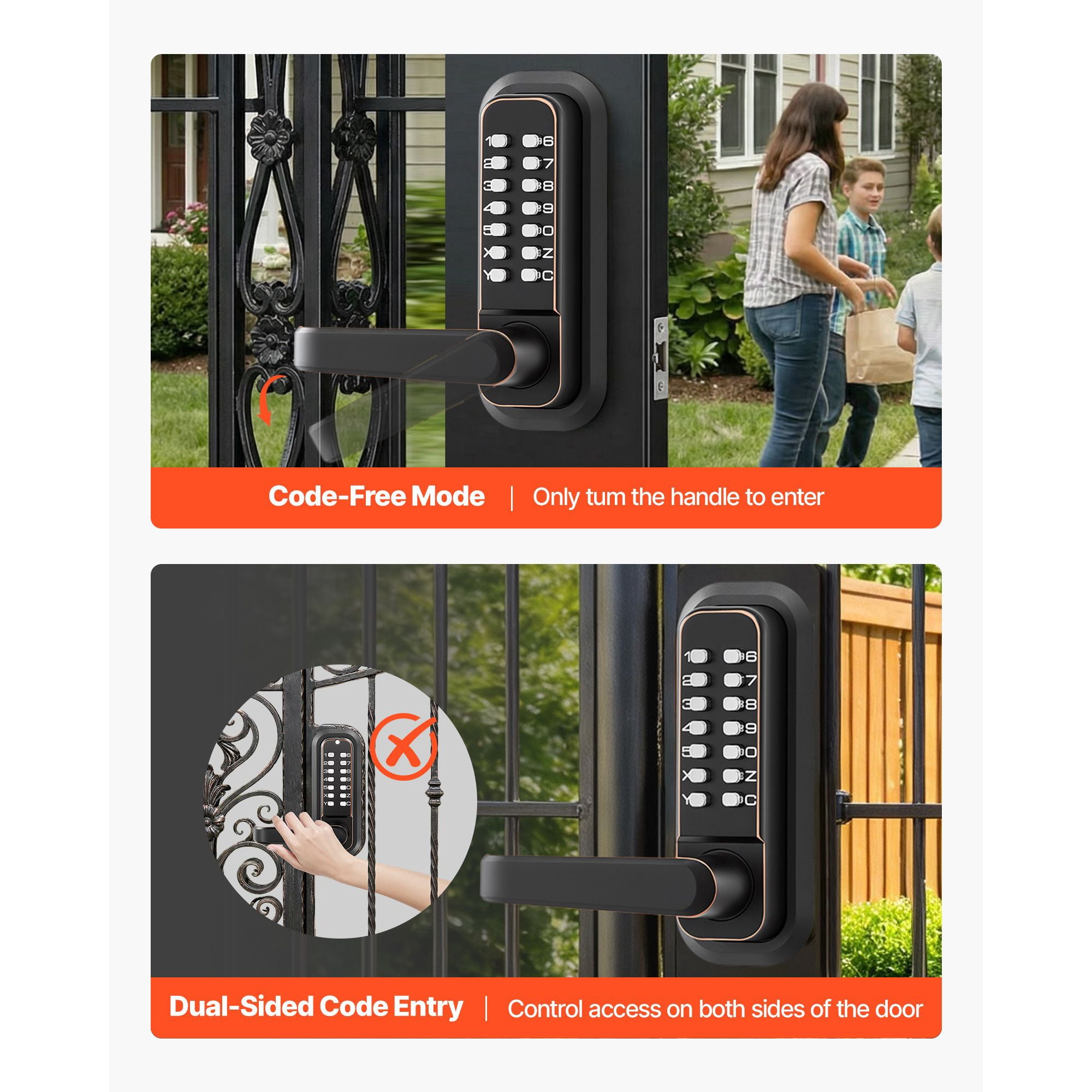 Mechanical Keyless Door Lock Gen2 Double-Sided 4-7 Digit Code No Batteries 1.4-2.5 Inch Door Thickness for Front Gate