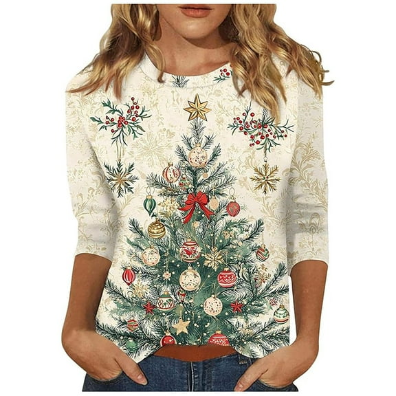 Womens 3/4 Sleeve Christmas Shirt Christmas Tree 3/4 Length Sleeve Round Neck Tshirts Tops Basic T-Shirts Beige L