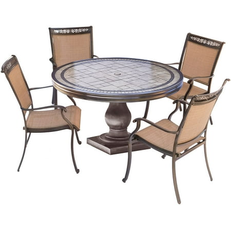 Tiled Garden Furniture Hanover Fontana 5 Piece Outdoor Dining Set Weatherproof Garden Lawn Patio Furniture With Sling Chairs and Tile Top Table ()