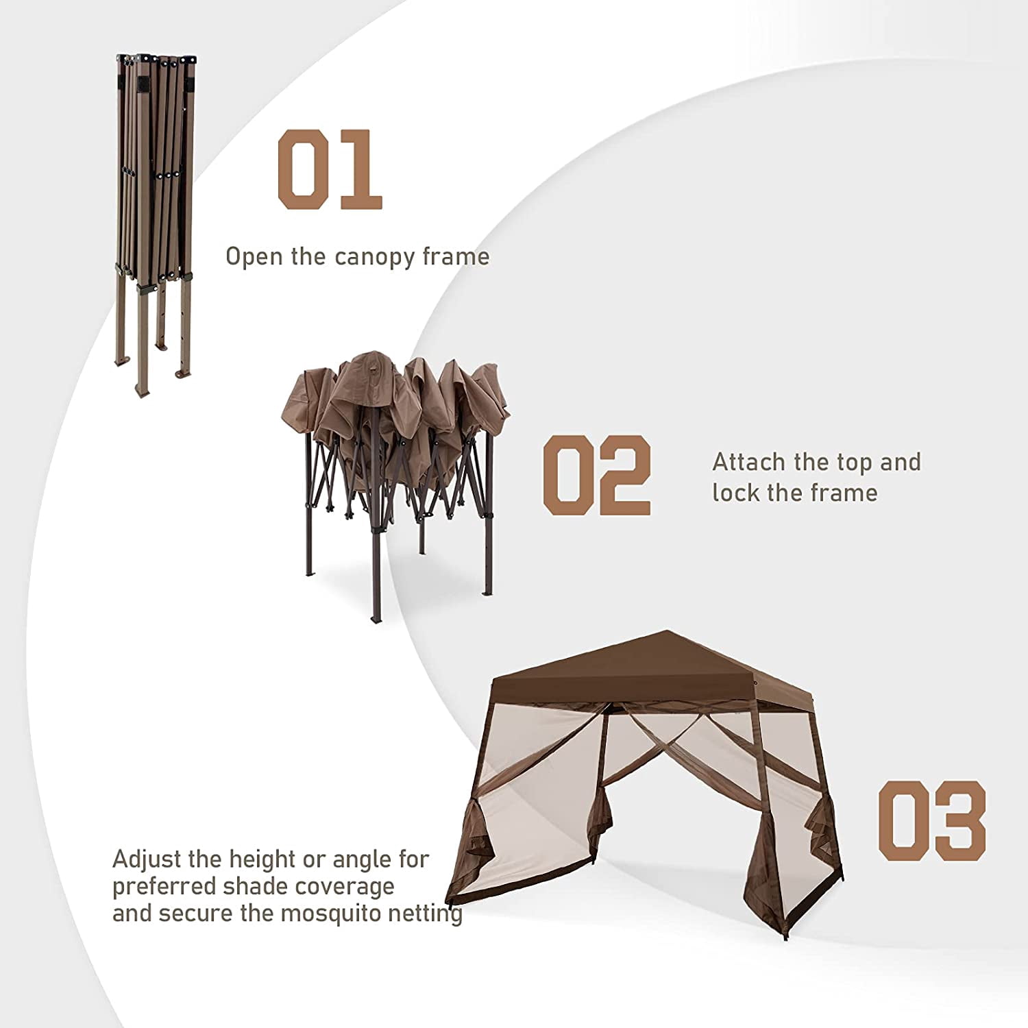 EAGLE PEAK 10x10ft Slant Leg Easy Setup Pop Up Canopy Tent with Mosquito Netting 64 sqft of Shade, Brown