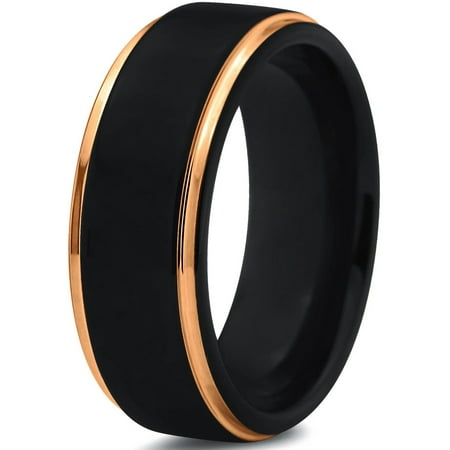 Tungsten Wedding Band Ring 10mm for Men Women Black & 18K Yellow Gold Plated Stepped Edge Polished Lifetime Guarantee