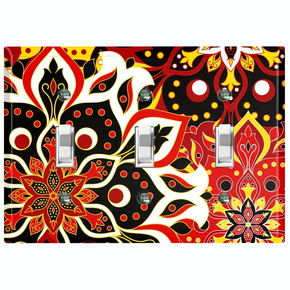 Metal Light Switch Plate Cover Colorful Black Red Mandala Flower Tile Pattern MDL024