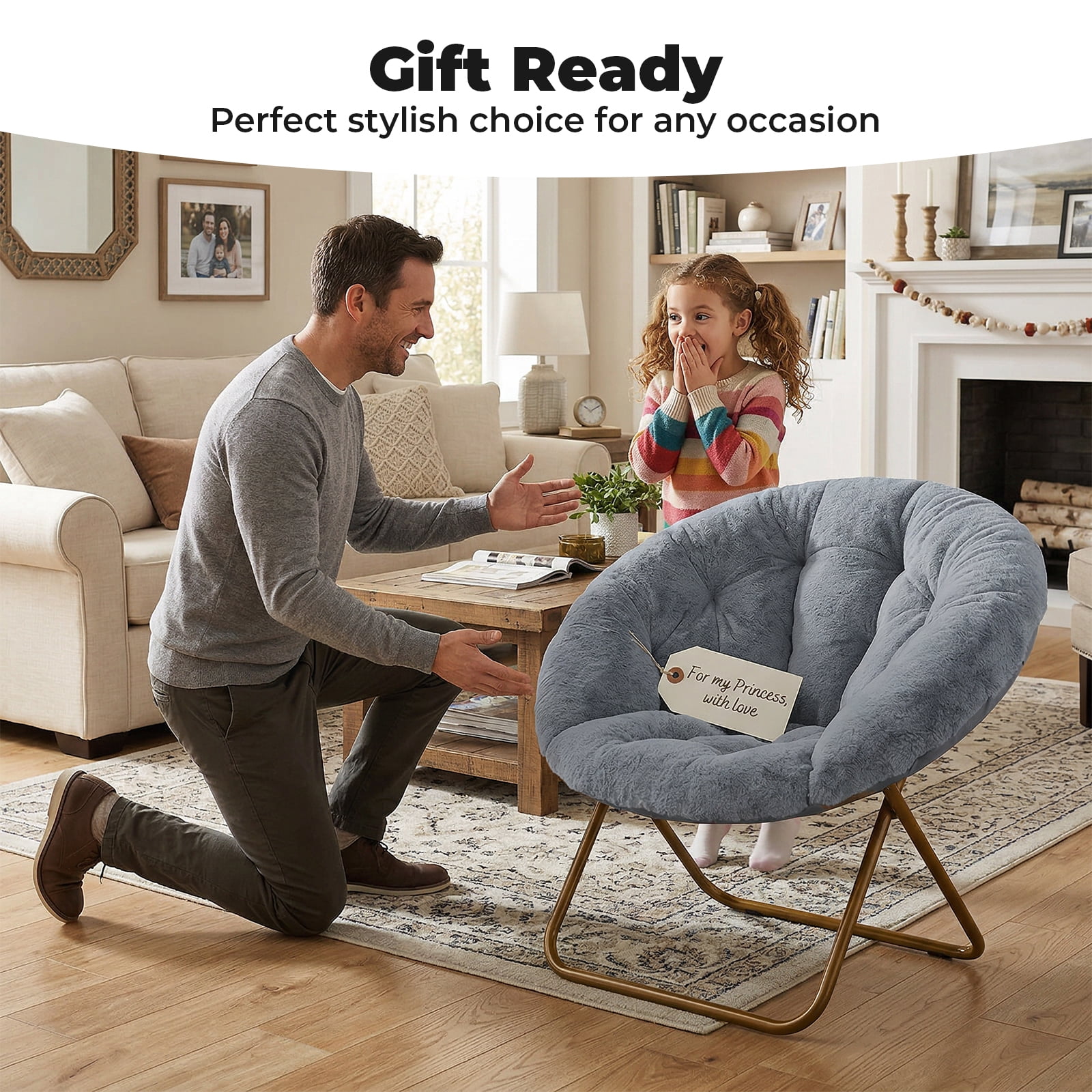 Alvantor Faux Fur Saucer Chair, Comfortable Disc Chair, Ideal for Living Room & Bedroom, in Gray, White, Pink