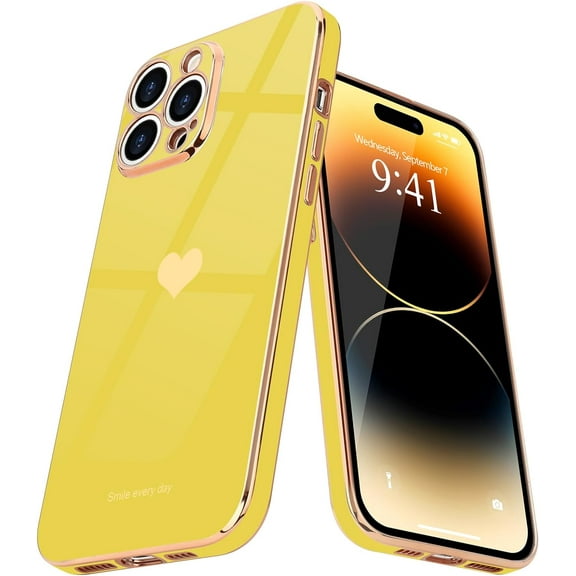 Compatible with iPhone 14 Pro Max Case for Girl Women Cute Love-Heart Luxury Bling Soft Cover Raised Camera Protection Bumper Silicone Shockproof Phone Case for iPhone 14 Pro Max, yellow