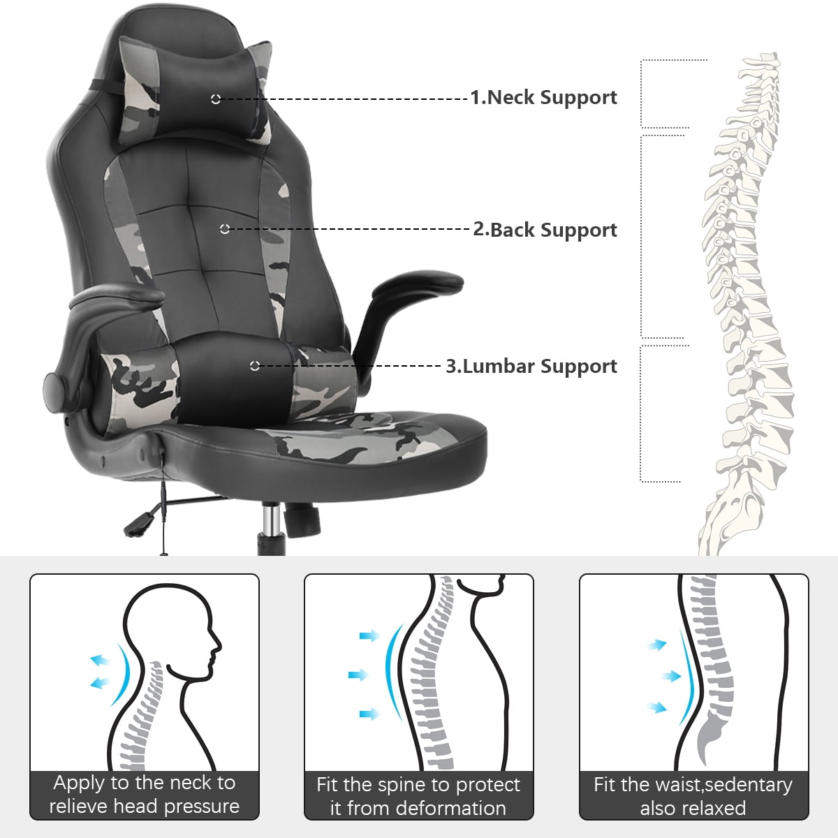 Dkelincs Massage Gaming Chair Video Game Chair Racing Computer Chair Ergonomic Office Desk Chair with a Vibrator Lumbar Support,Headrest,Flip up Armrest, Camo